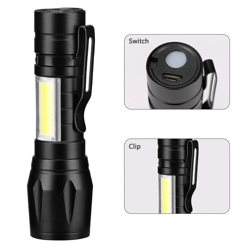 Mini LED Rechargeable Torch 3800LM XPE COB Flashlight with Zoom USB Micro USB Charging Cable & Case - Image 3