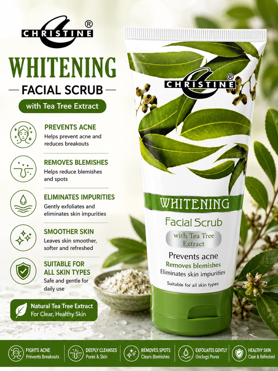 Christine Whitening Facial Scrub - Tea Tree Extract Clear Skin ✨🌿